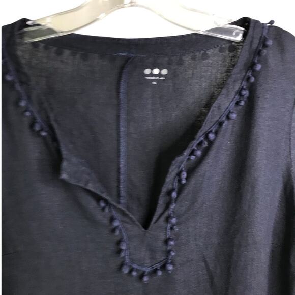 Three Dots Dress Womens Size XS Navy Blue Pom‎ Pom Trim V-Neck 3/4 Sleeve - Picture 2 of 10